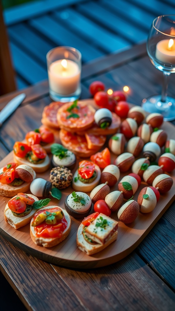 An appetizer platter for two with bruschetta, stuffed mushrooms, and caprese skewers on a wooden table.